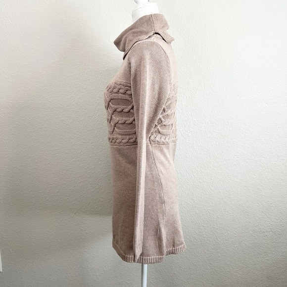 Bylyse Cable Knit Sweater Women's S Tan Camel Hair Mock Neck Knit Tunic - Picture 3 of 7